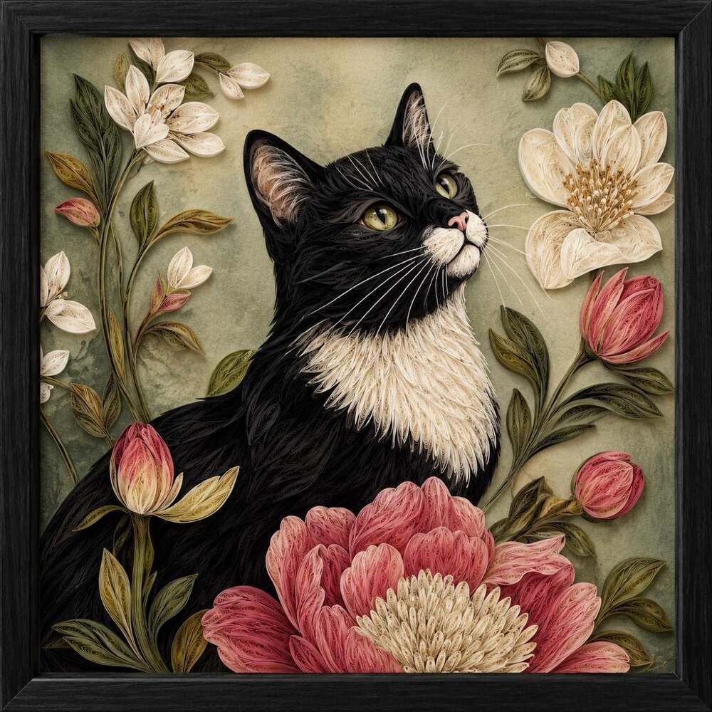 8 X 8 Framed Quilled Tuxedo Cat 63 F 7